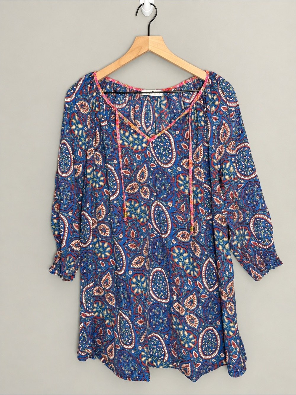Natural Life Paisley Boho Tunic Mini Dress Blue Floral Size M